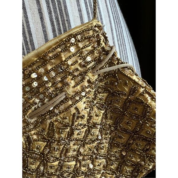 Gold satin beaded evening bag cross body purse - Picture 8 of 9